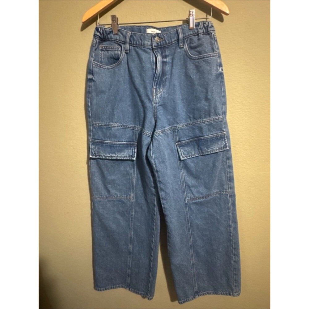 FOREVER 21 Cargo Wide Leg Jeans Women 28 High Rise Med Wash Denim - 29” Inseam